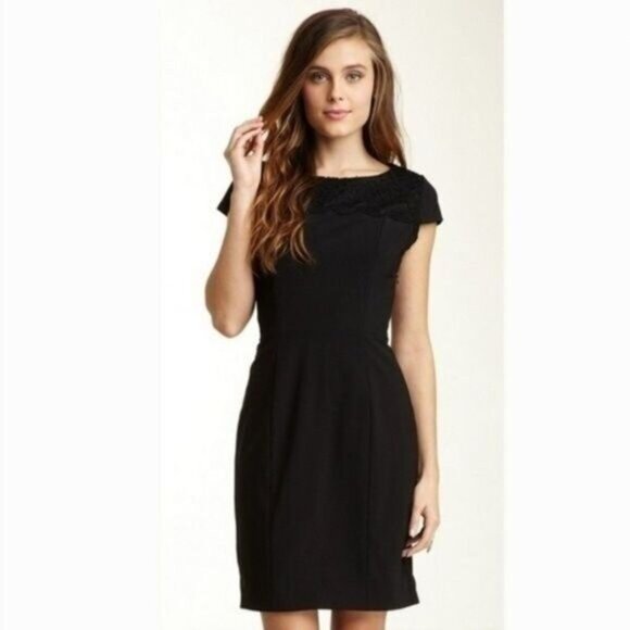 CYNTHIA STEFFE \ Wool Blend LBD Sheath Dress Lace Detail Black Sz 4 - Picture 1 of 15